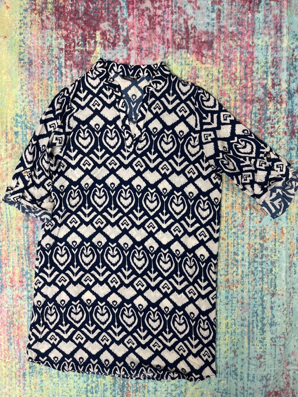 indulge Navy and White Geometric Button-Up Shirt